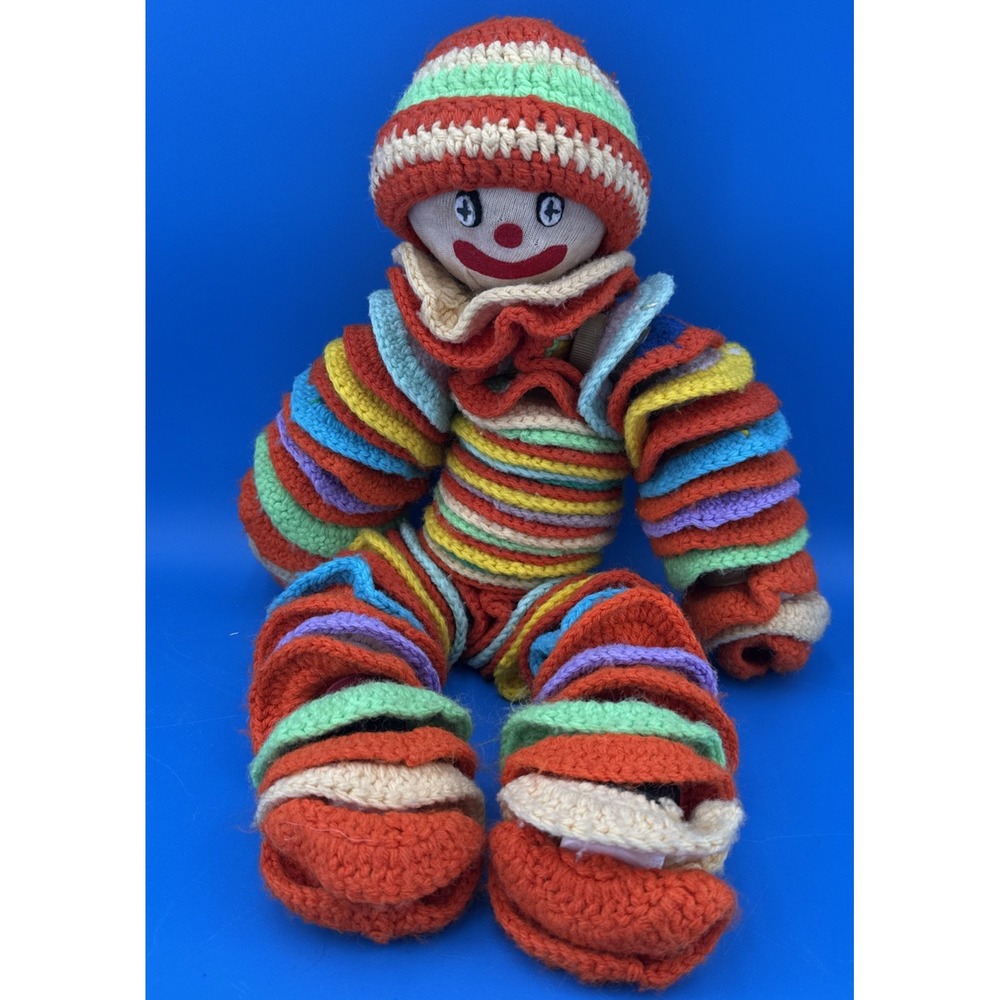 Vintage Handmade Crochet Clown Doll Colorful Striped Yarn Stuffed Folk Art Toy